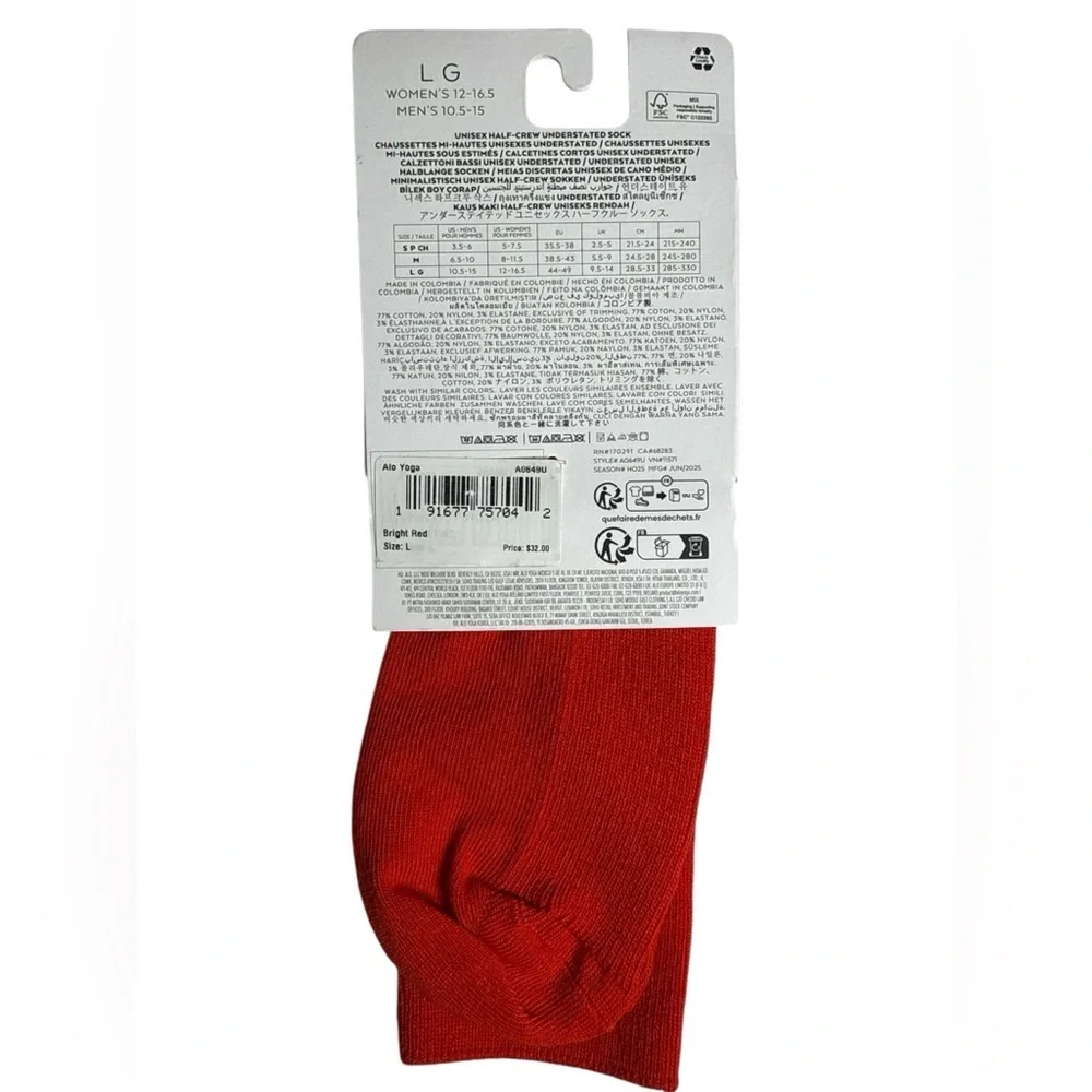 Alo Yoga Unisex Half-Crew Socks NWT | Bright Red | Size Large